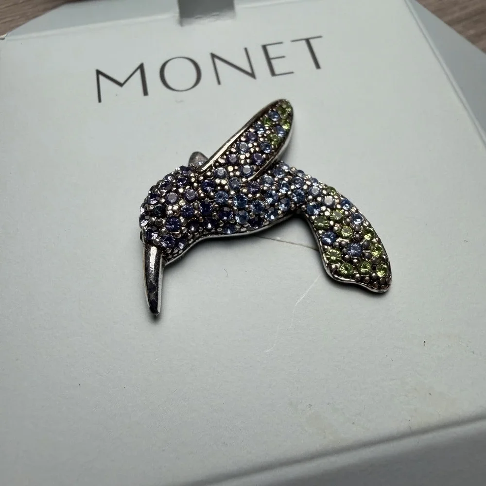 Vintage Signed Monet Purple Green Rhinestone Hummingbird Brooch Gold Tone New